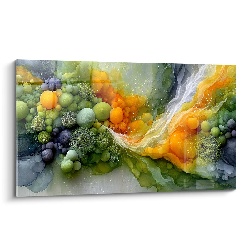 Tableau Sphères organiques vertes et oranges texturées - Éveil printanier - Edition Artistique abstrait