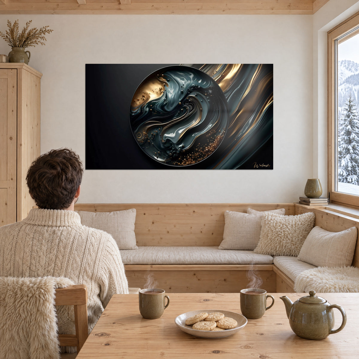 Wall art spiral of dark green metallic lacquer and amber on an ebony background, facing a chalet living room in light wood