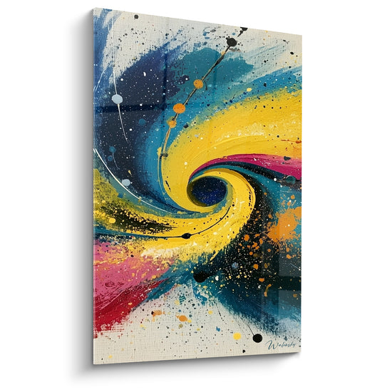 Spirale abstraite jaune et bleu marine avec éclats roses, mouvement tourbillonnant sur fond clair