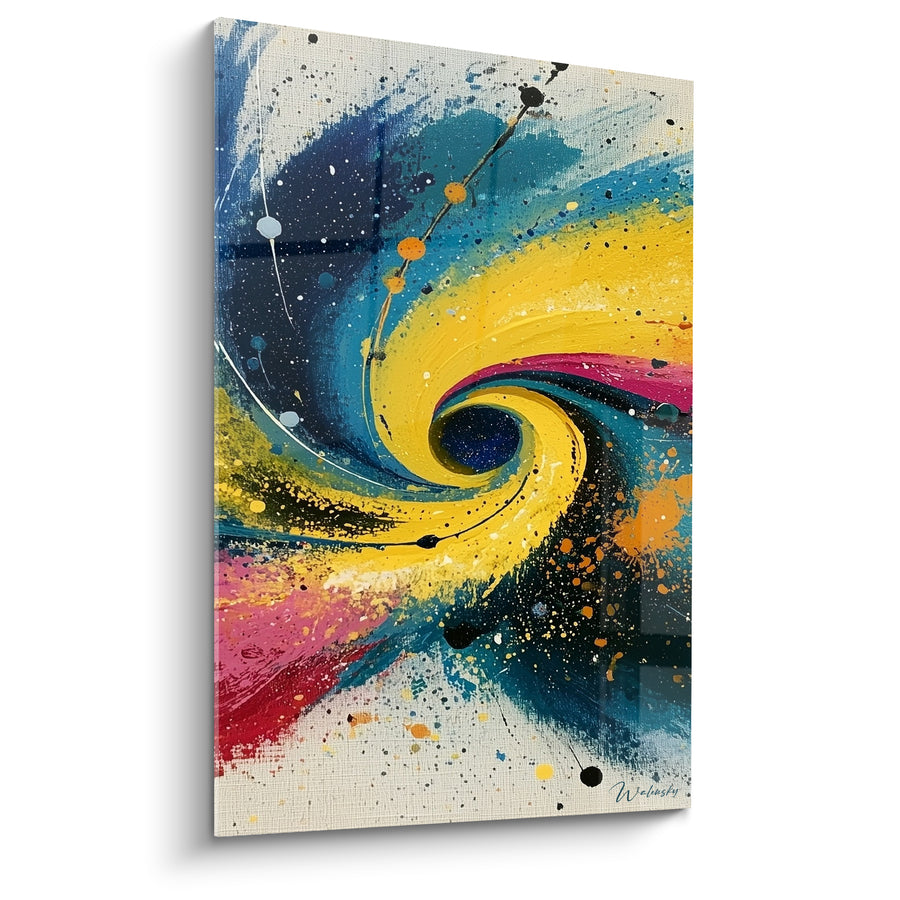 Tableau Galaxie jaune et bleu en spirale - Éclaboussures roses et noires - Edition style Peinture abstrait