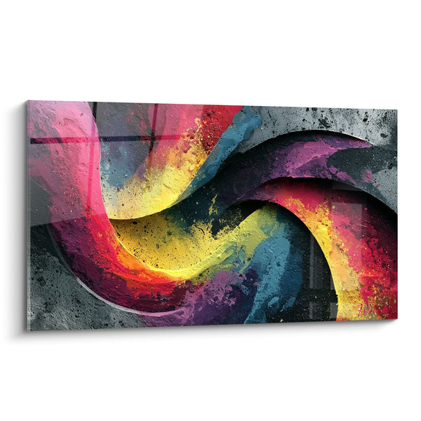 Tableau Spirale rose et jaune sur mur gris - Tourbillon multicolore mural - Edition style Peinture abstrait