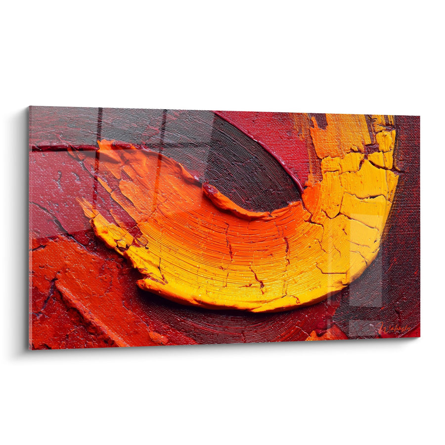 Tableau Peinture à l'Huile Abstraite Orange et Rouge avec Mouvement Circulaire - Flamme Ardente - Edition Feng shui Sud Feu