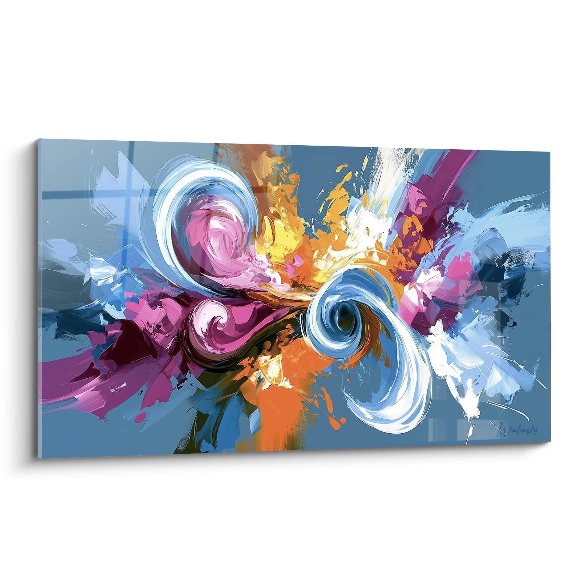 Spirales bleu ciel et explosion orange magenta en peinture abstraite gestuelle sur fond bleu ardoise