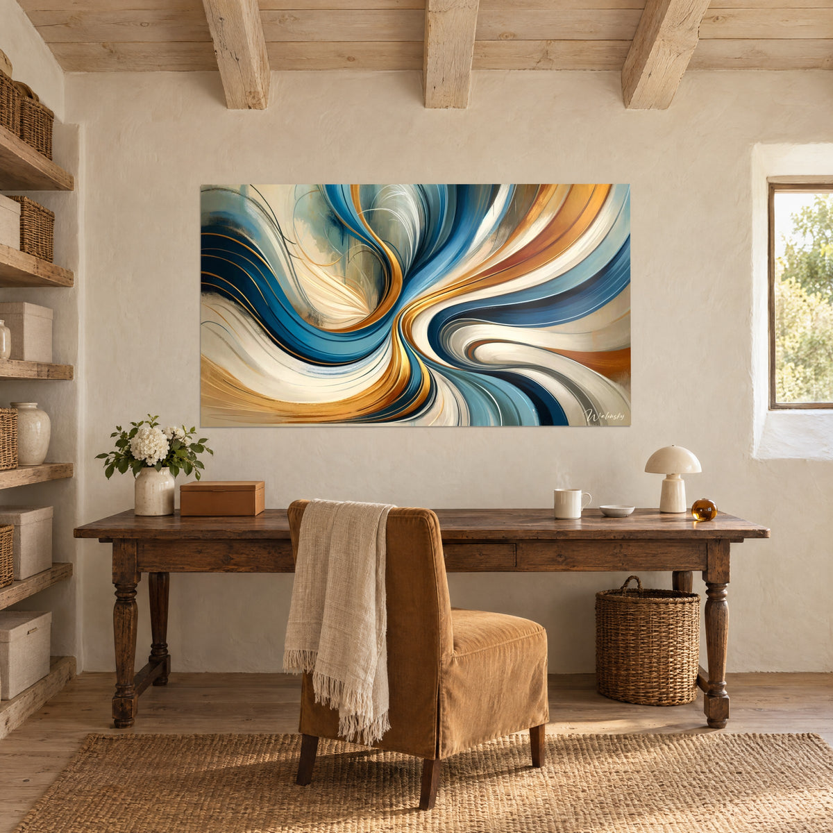 Wall art abstract scrolls in glacier blue and copper, sand-colored bands curving across, hung on the wall of an antique wood office