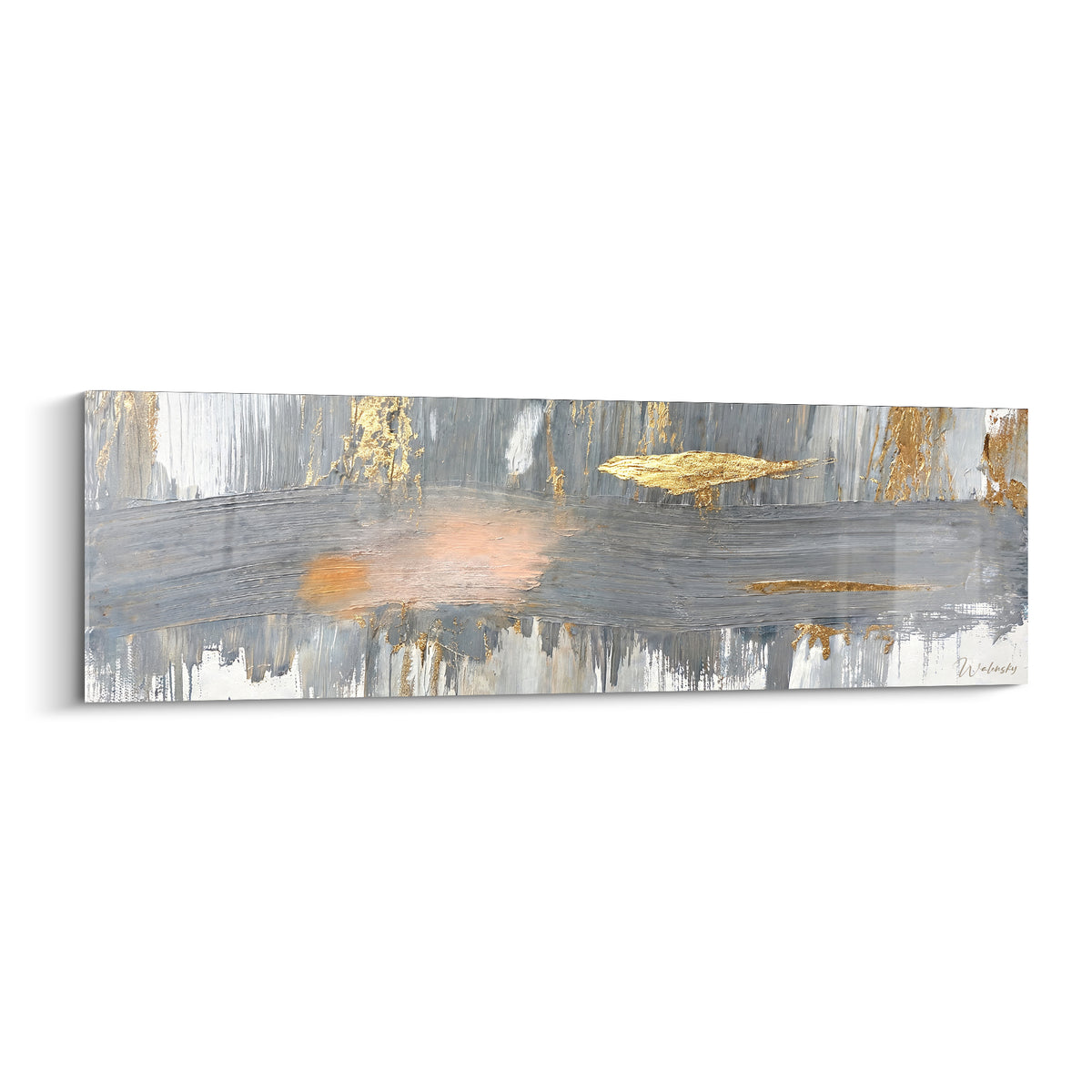 Tableau abstrait gris anthracite et doré, large balafre peinte, touche corail centrale lumineuse