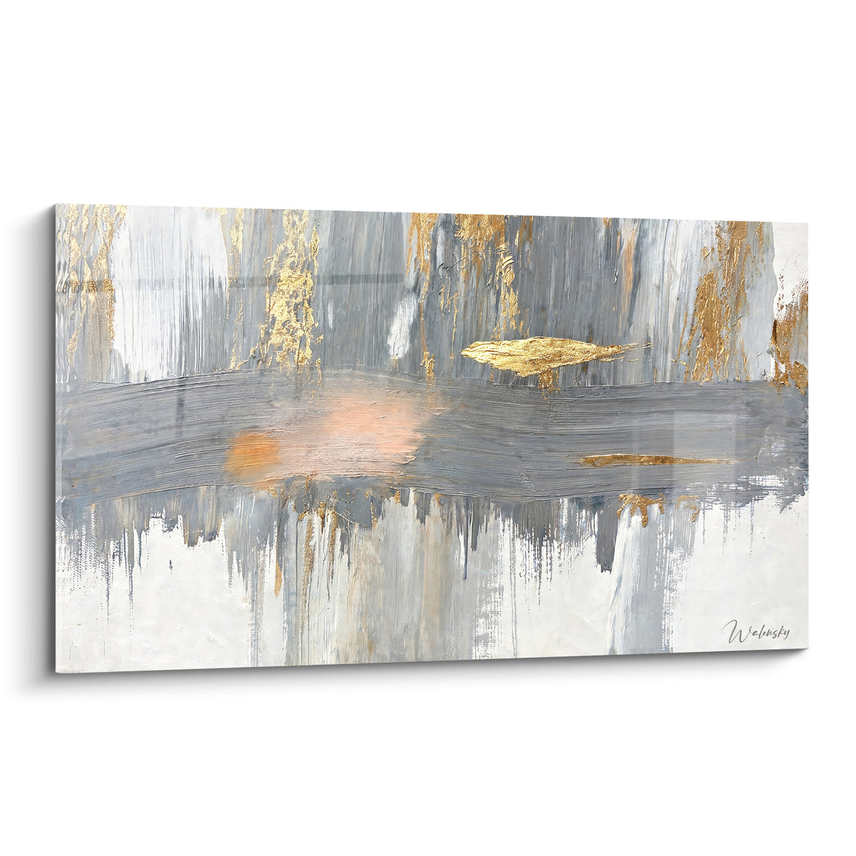 Tableau abstrait style raclé en gris anthracite et doré, touche pêche centrale, coulures verticales