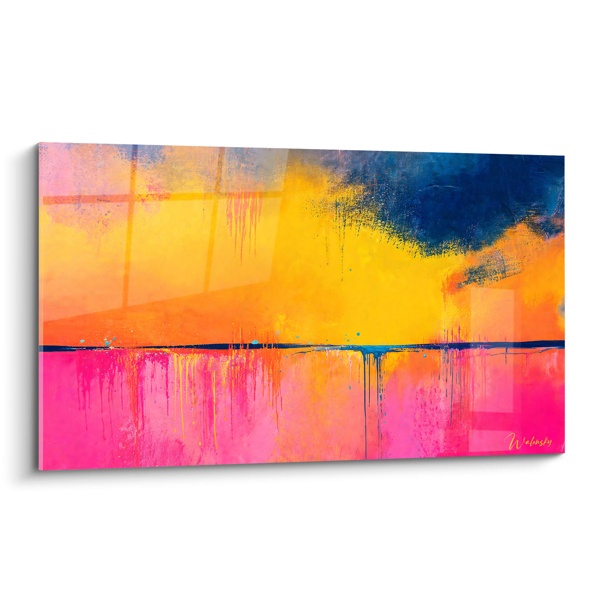 Tableau abstrait jaune doré et rose fuchsia traversé d'une ligne bleu marine horizontale