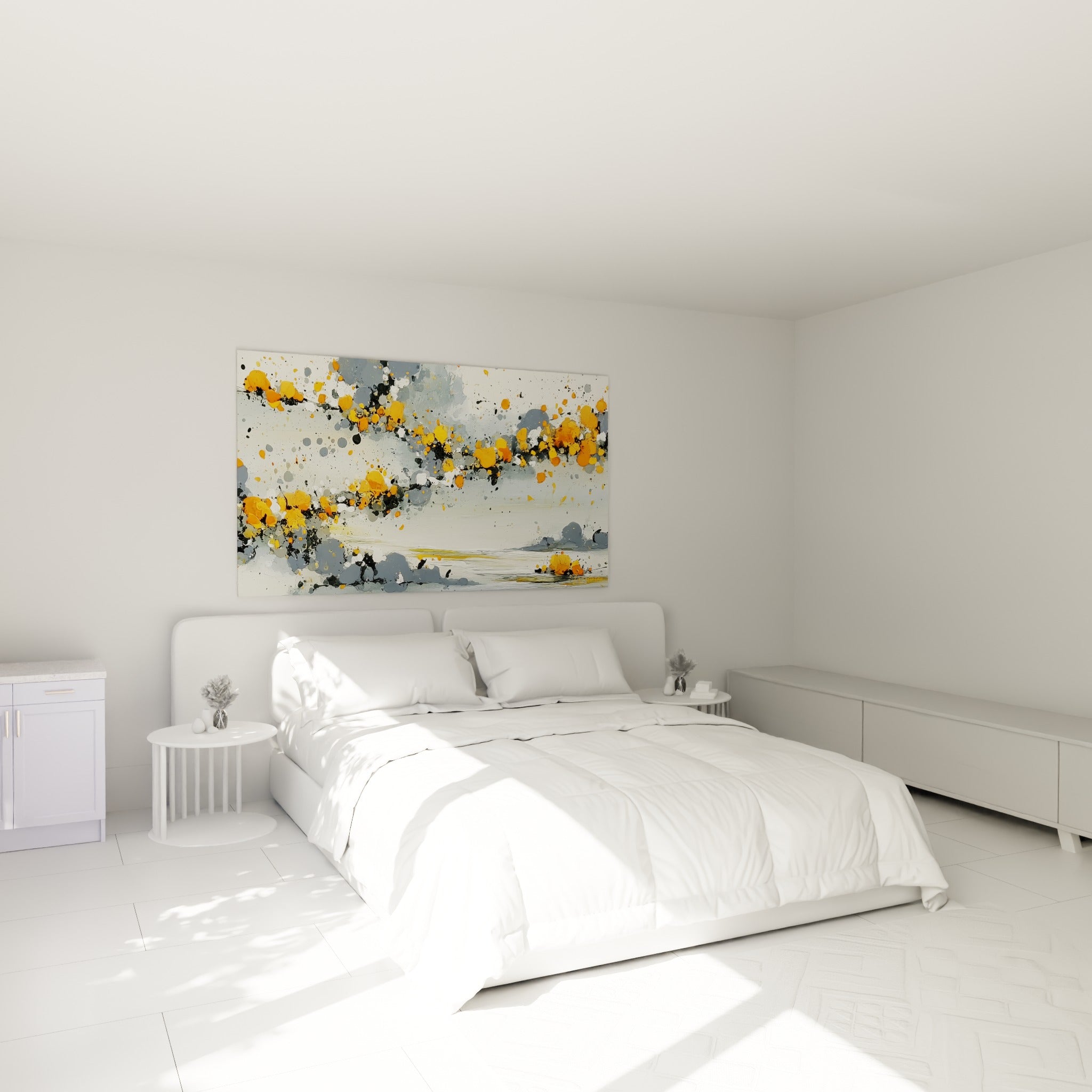 Nuances orange et anthracite se déploient en amas denses, accrochées au-dessus d'un lit dans une chambre claire