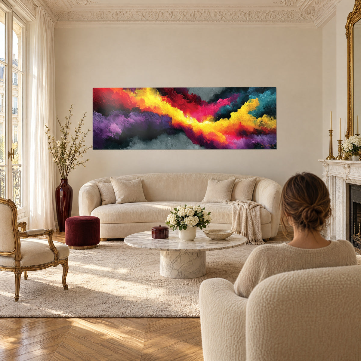 Cuadro nube dorada con volutas violetas, rojo y amarillo brillantes sobre gris, mujer de espaldas, sobre un sofá en un salón luminoso