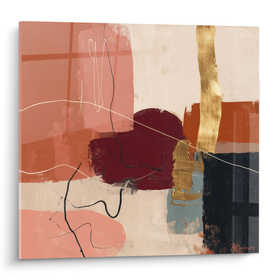 Tableau abstrait tons terracotta, bordeaux et dorés avec lignes fluides - Harmonie Terrestre - Edition Feng shui Sud-Ouest Terre