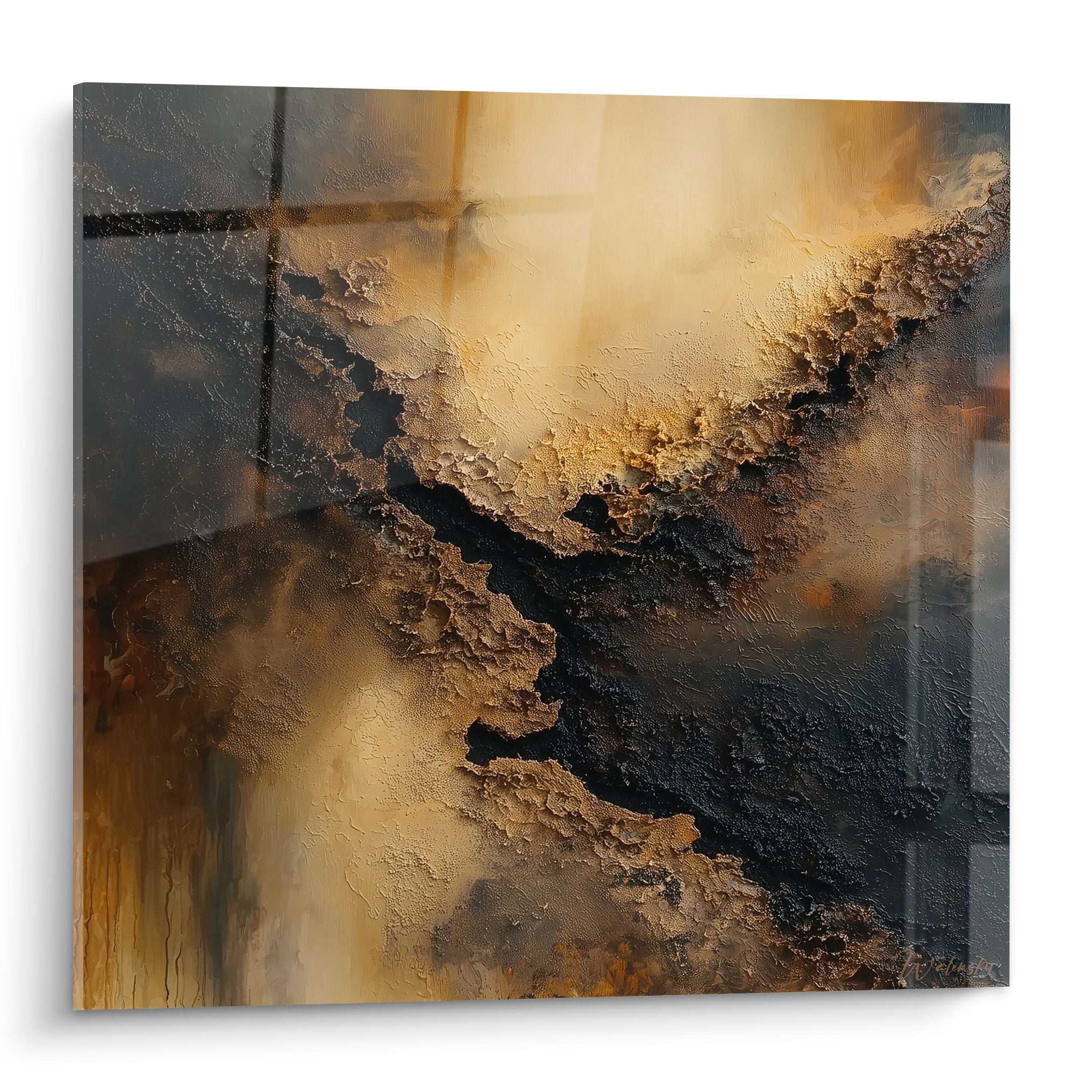 Tableau abstrait textures relief terre ocre or noir feng shui Nord-Est decoration murale contemporaine