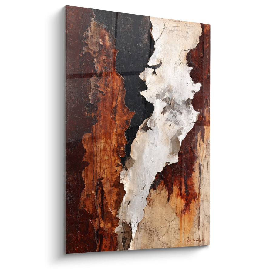 Tableau abstrait terre et blanc avec coulées noires - Fusion Minérale - Edition Feng shui Centre Terre