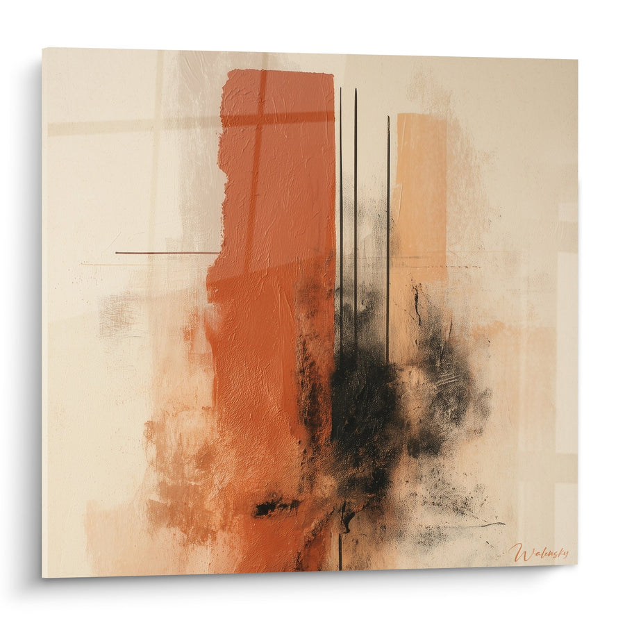 Tableau abstrait terre de Sienne et lignes noires sur fond neutre - Harmonie minérale - Edition Feng shui Centre Terre