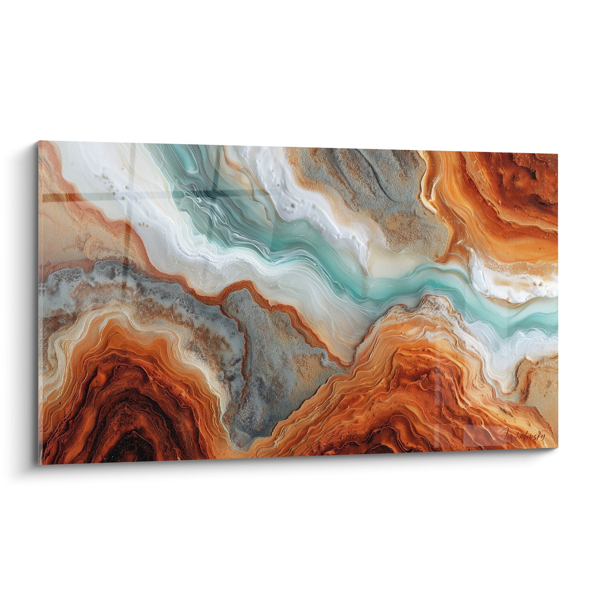 Tableau abstrait aux couleurs terre ocre rouille et turquoise formes organiques fluides feng shui nord-est terre