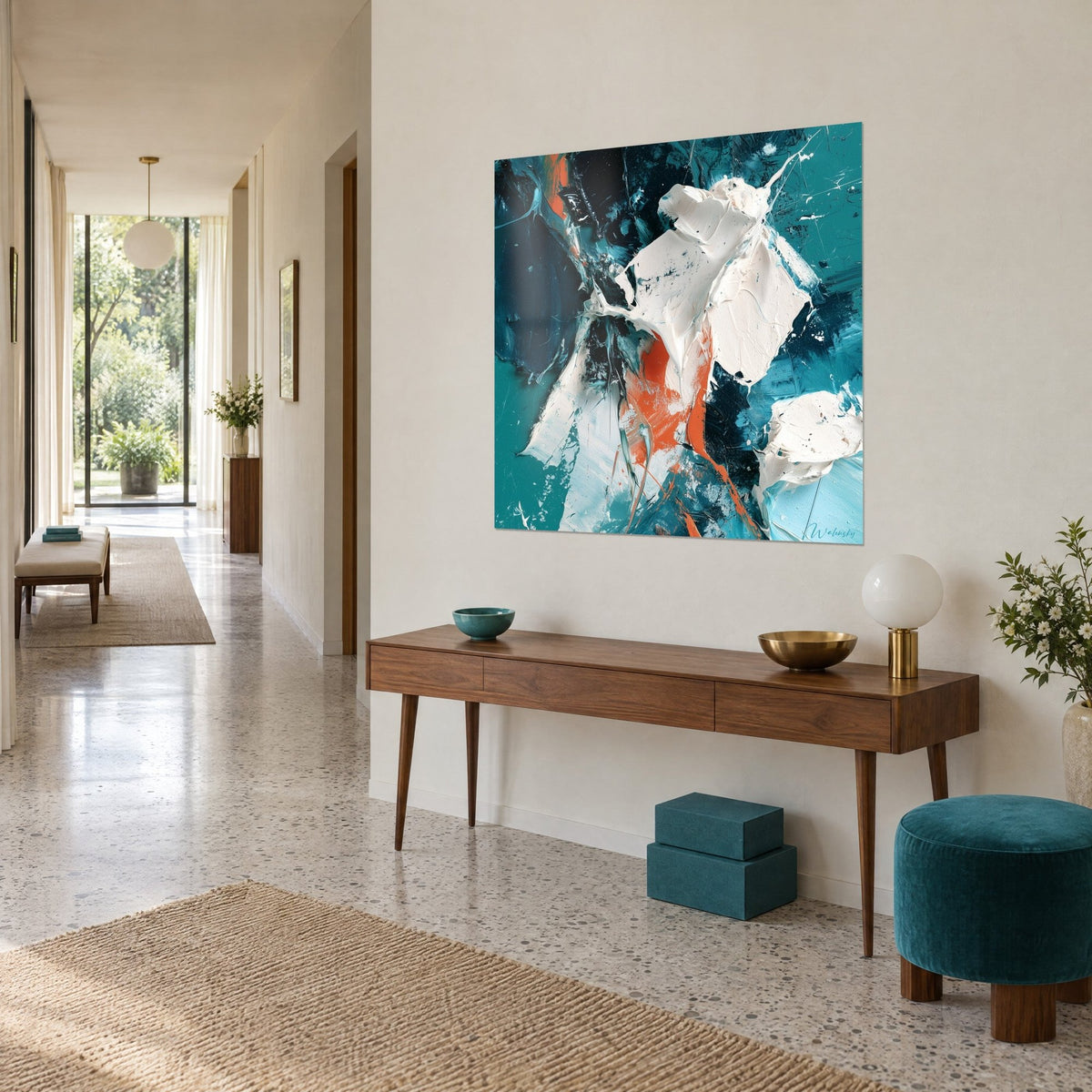 Wall art with thick cream-white paint impasto streaked with petrol blue and vivid orange, angled view, above a wooden console