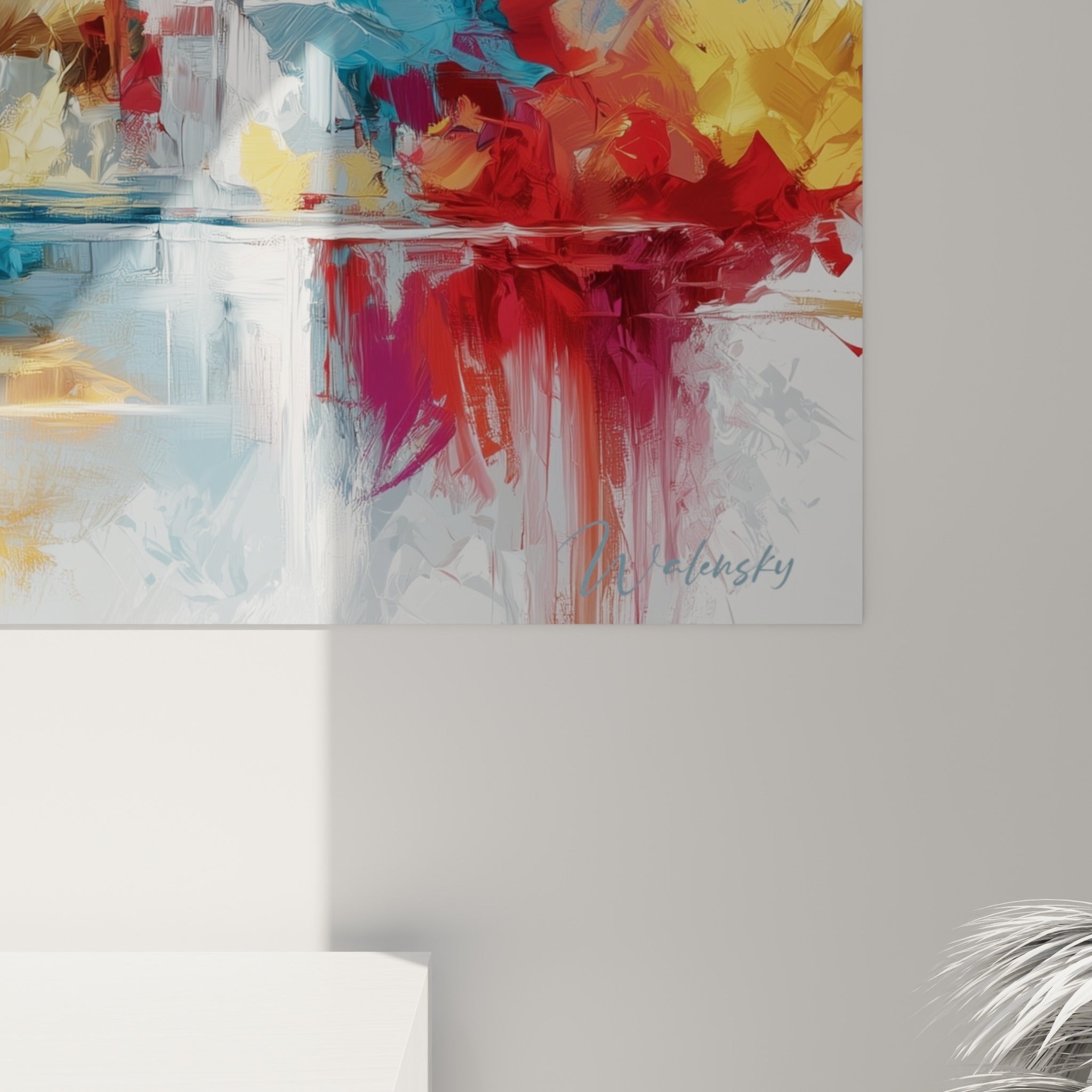 Détail de matière peinte au couteau, coulures dorées et bleu turquoise fusionnant sur la toile abstraite