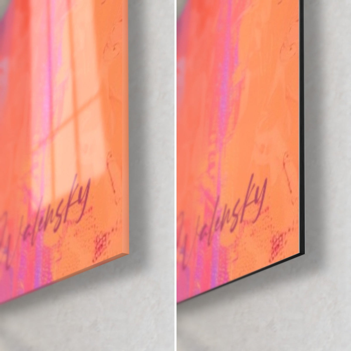 Wall art paint detonation in orange and pink, Walensky signature, glossy glass corner bottom right and matte Dibond aluminium, 3 mm edge