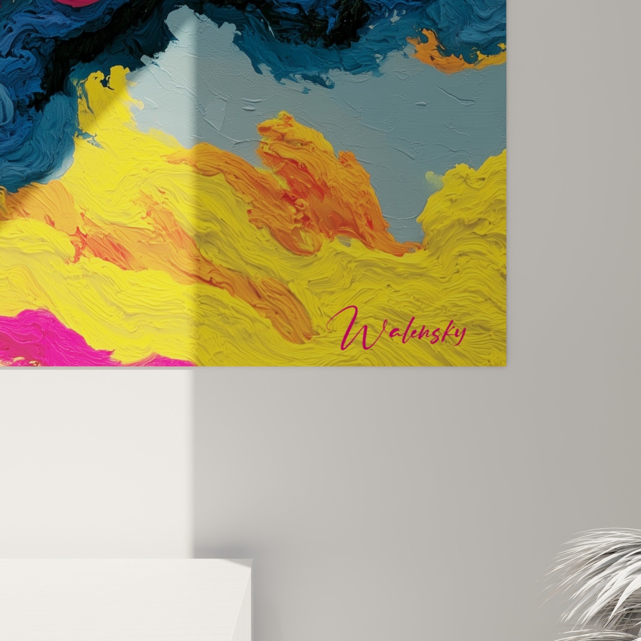 Empâtements épais mêlant rose magenta, jaune vif et bleu pétrole, coulures visibles à fleur de toile