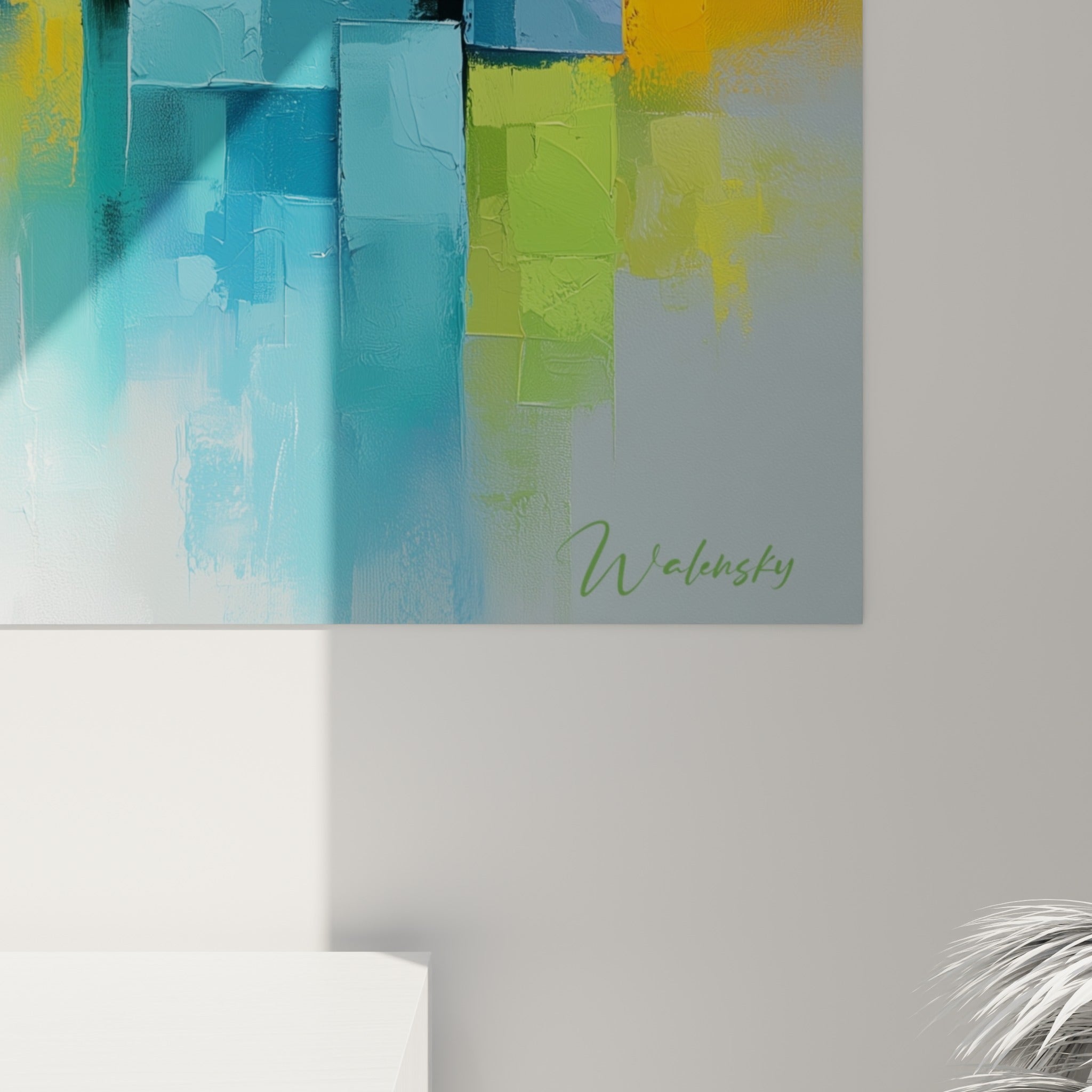 Empâtements épais de peinture turquoise, orange et violette se mêlant en reliefs sur la toile