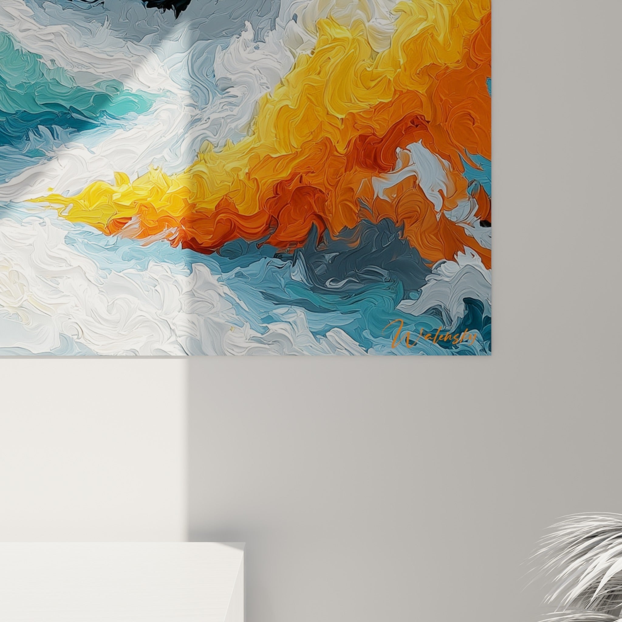 Matière épaisse et coulures orange fusionnant avec le bleu turquoise et le blanc écumeux en gros plan