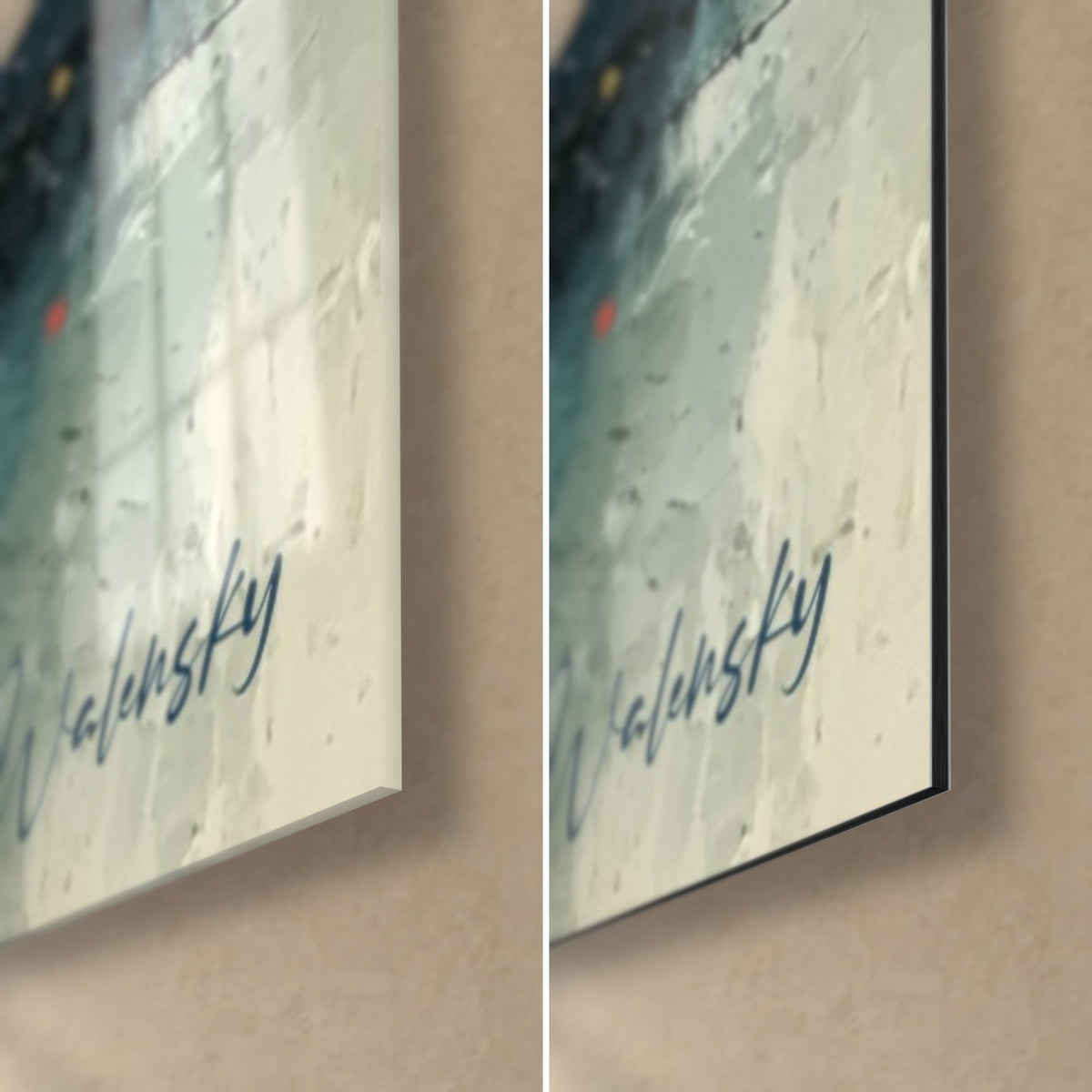 Wall art abstract with thick navy blue and yellow impasto strokes, bottom right corner: glossy glass on the left, matte Dibond on the right, thin edge