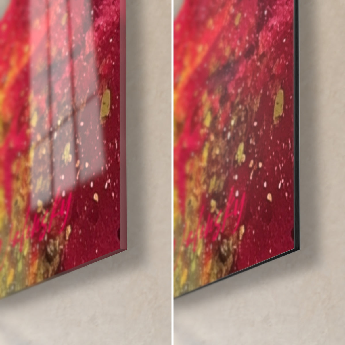 Tableau spirale rose et jaune, coin bas droit : verre acrylique brillant à gauche, alu Dibond mat à droite, tranche de 3 mm