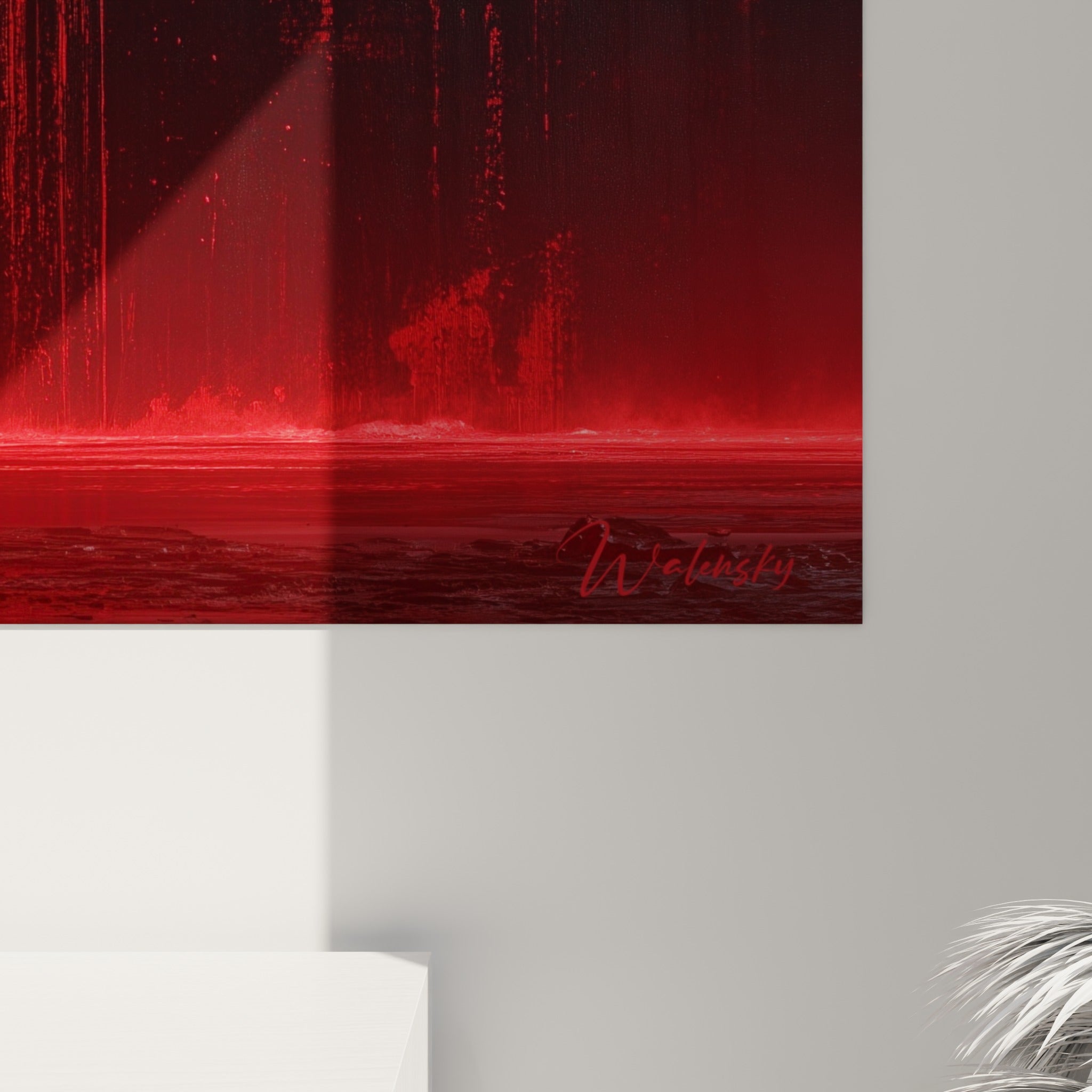 Empâtements rouge sang et coulures anthracite se mêlant en surface, matière épaisse et grain visible de la toile