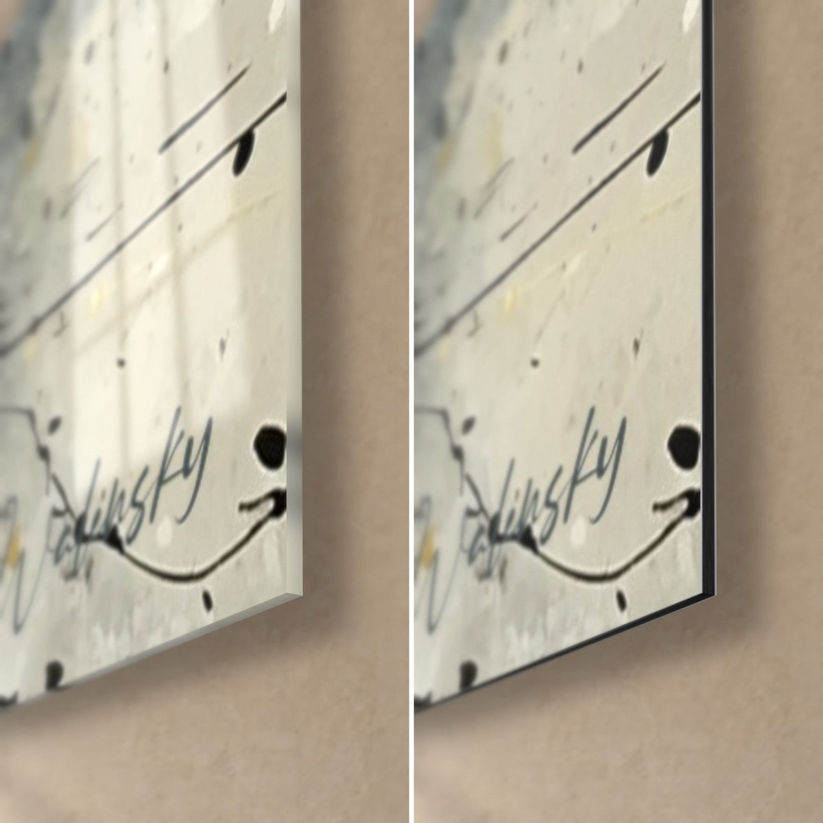 Wall art with ochre and black explosion, bottom right Walensky signature, glossy acrylic glass with reflections on the left, matte Dibond on the right