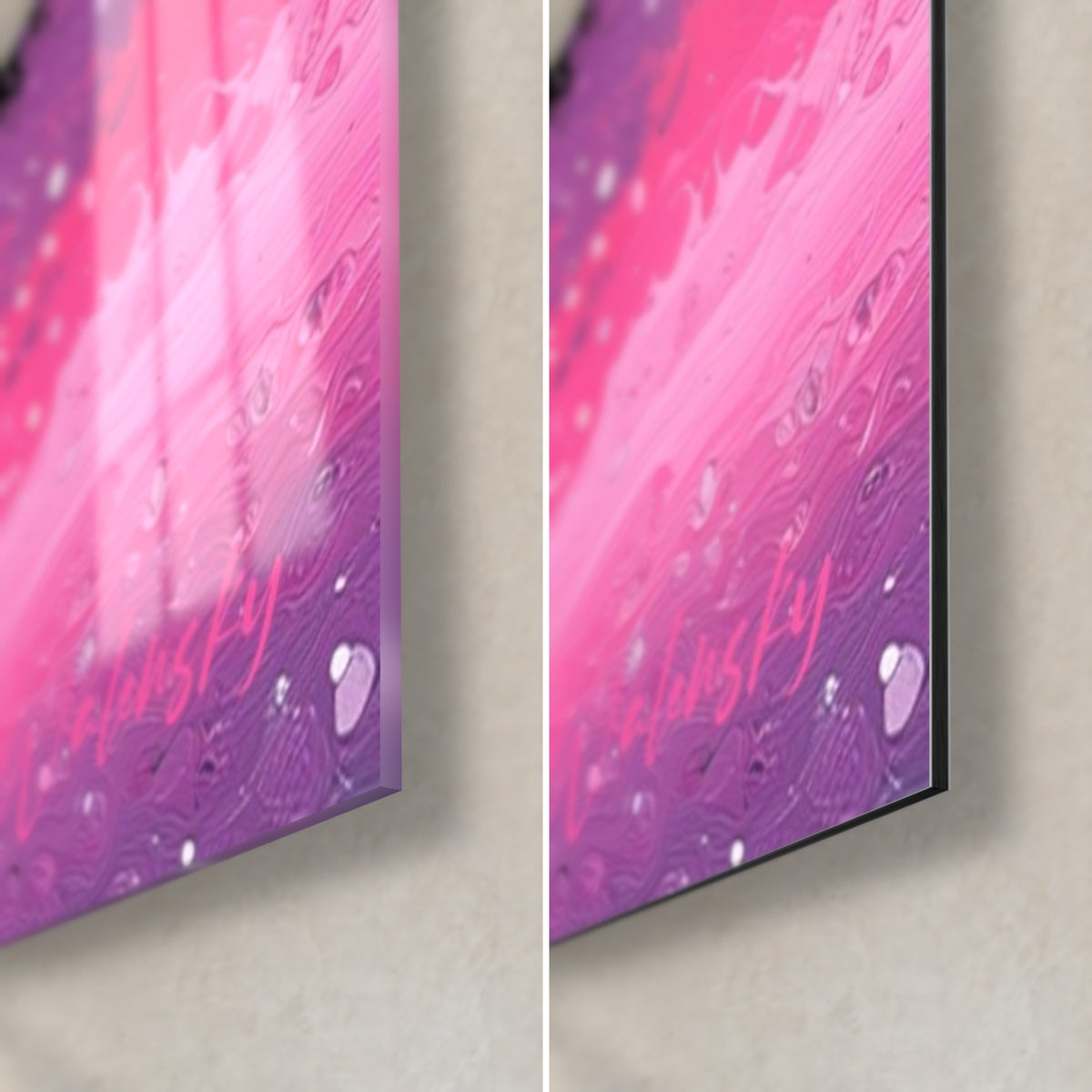 Wall art painted nebula in violet and pink, shimmering white drops, bottom right corner in acrylic glass and matte Dibond, 3 mm edge