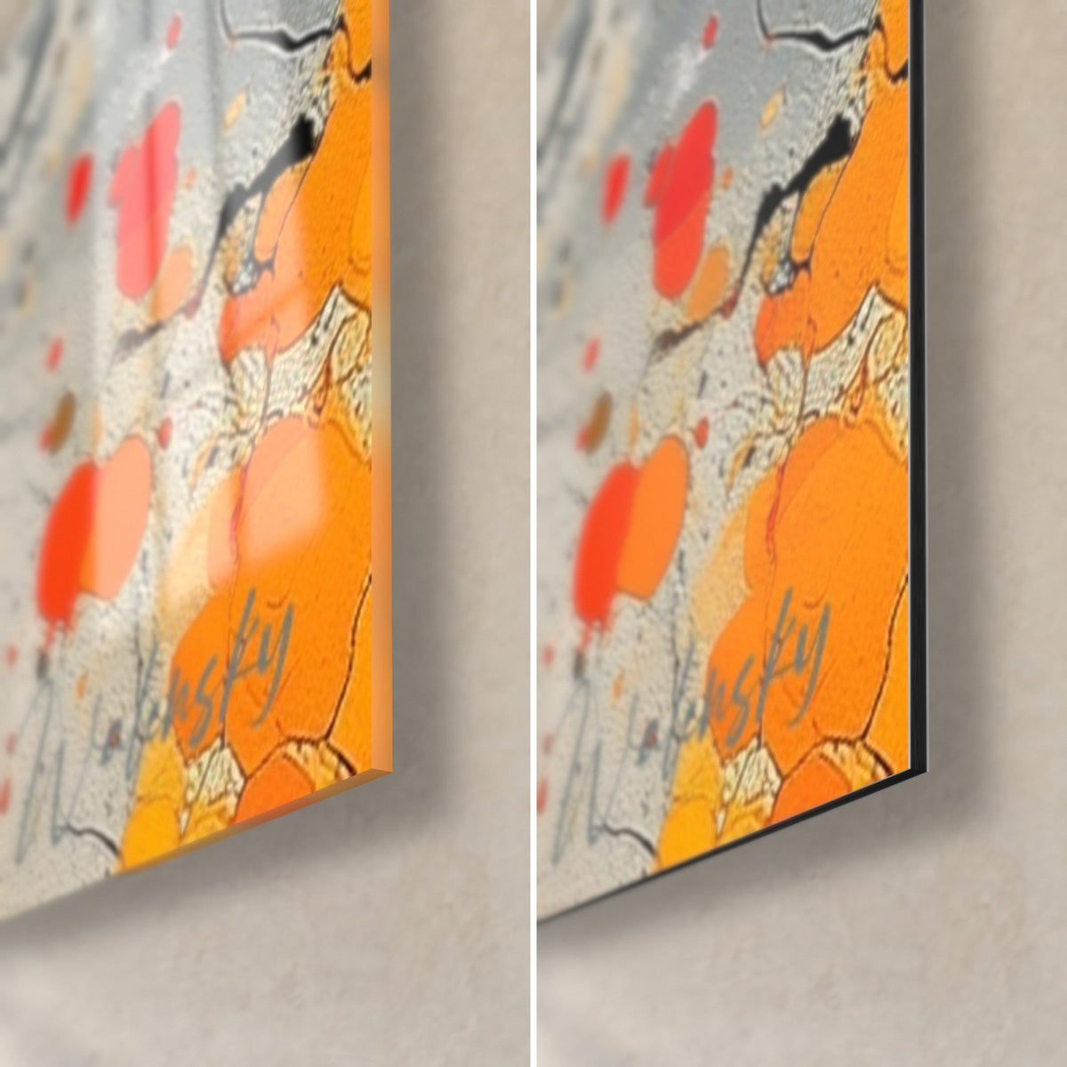 Quadro schizzi arancio vivo e grigio ardesia, angolo in basso a destra: vetro lucido a sinistra, Dibond opaco a destra, spessore 3 mm