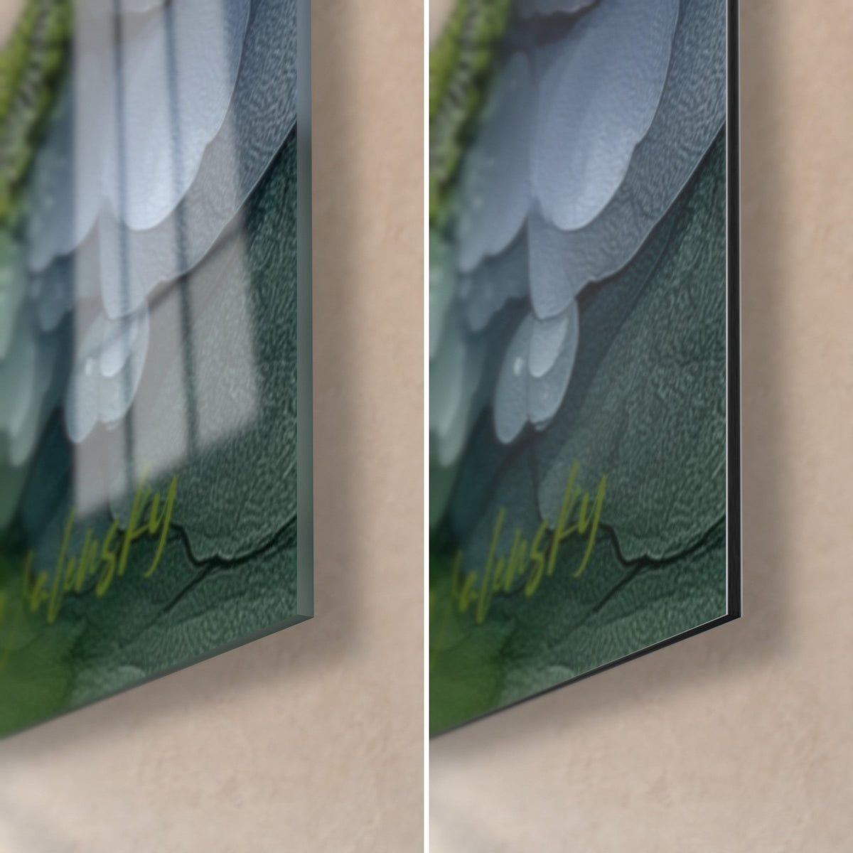 Tableau sphères organiques vert olive et orange, coin bas droit : verre acrylique brillant à gauche, Dibond mat à droite