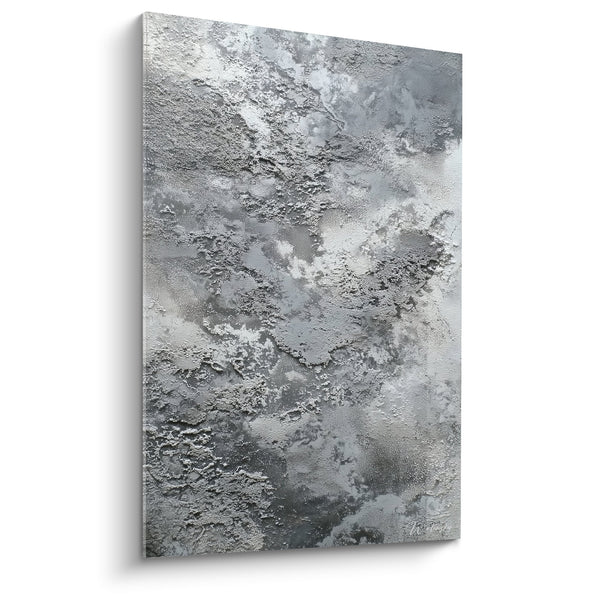 Abstracte textuur schilderij in metallic grijs met kraterachtige reliëfs - Ruwe Materie - Editie Feng Shui Noordoost Metaal