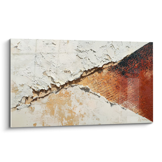 Tableau abstrait textures ocre rouge brique sur toile écrue craquelée feng shui nord-est terre