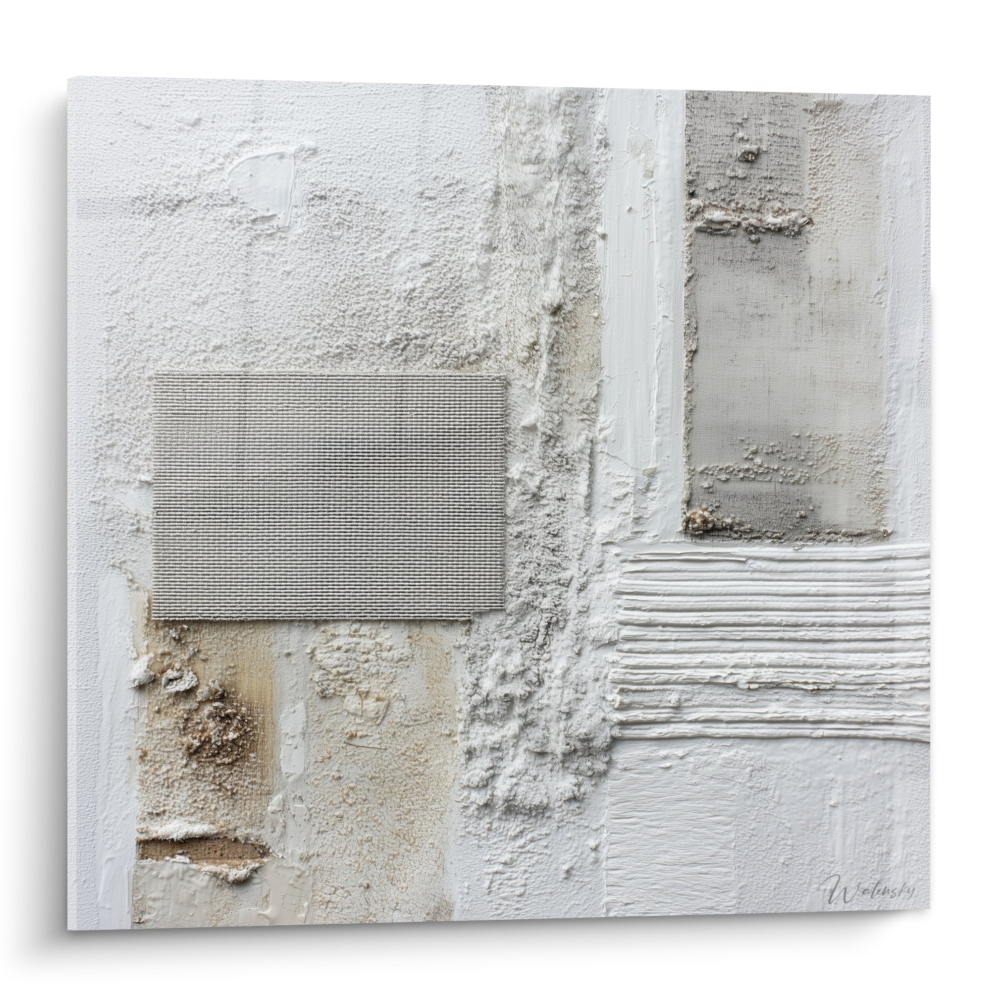 Tableau abstrait composition geometrique quatre quadrants textures blanches beiges feng shui metal
