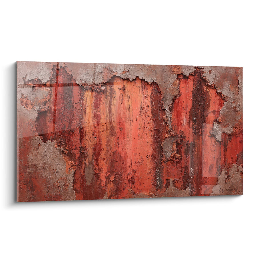 Tableau abstrait rouge orange avec textures écaillées et matière brute - Éclats de terre - Edition Feng shui Centre Terre