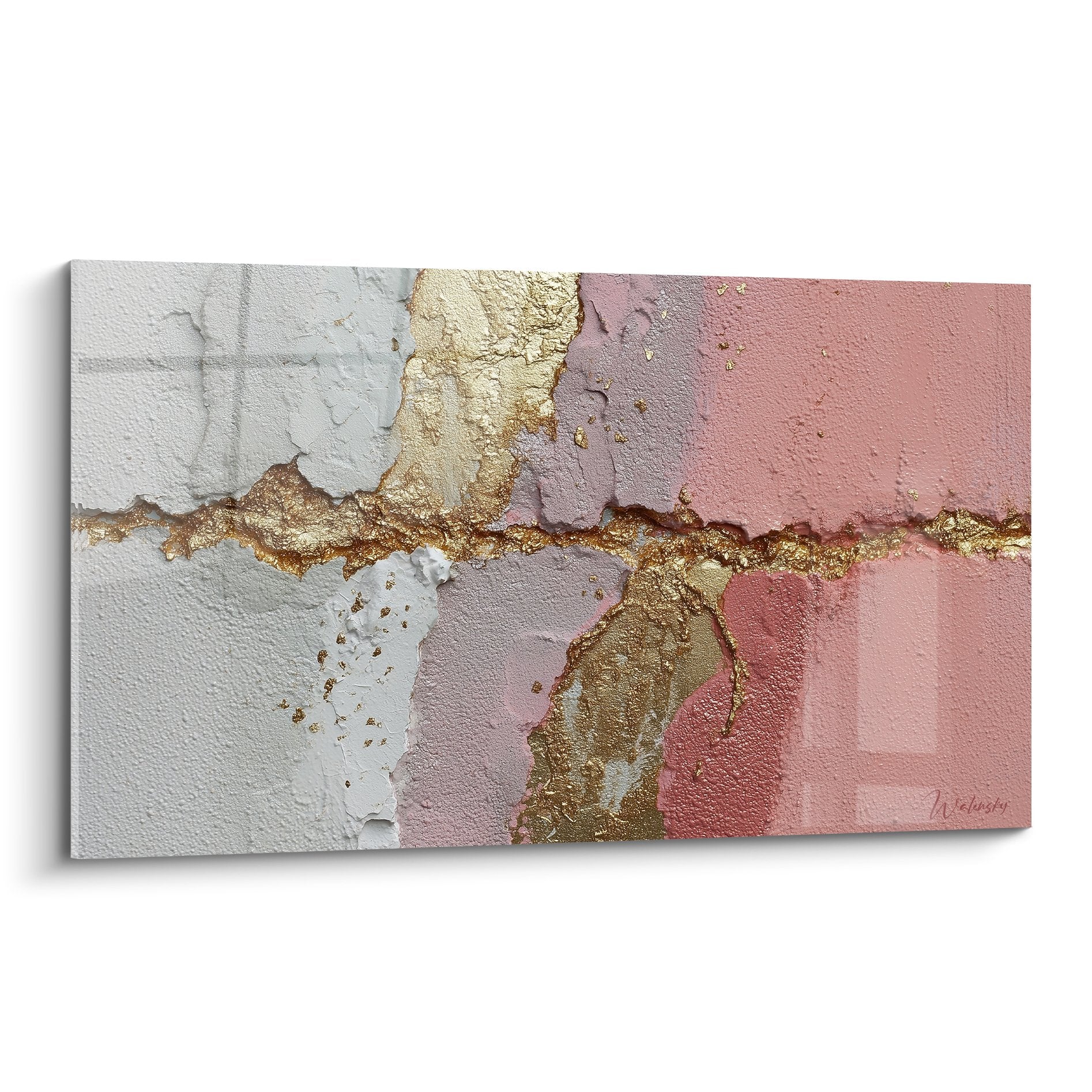 Tableau abstrait textures roses dorées blanches relief feng shui sud-ouest terre