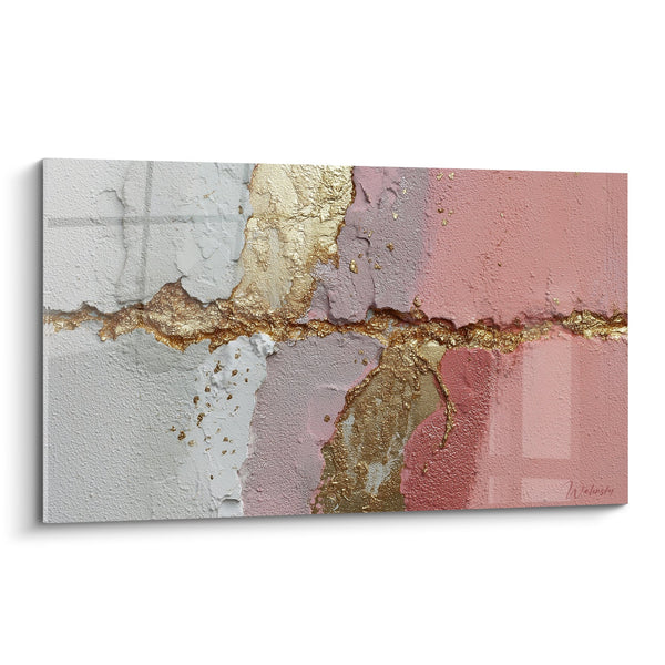 Abstract schilderij met roze, gouden en witte texturen - Mineraal Harmonie - Feng Shui Zuid-West Aarde Editie
