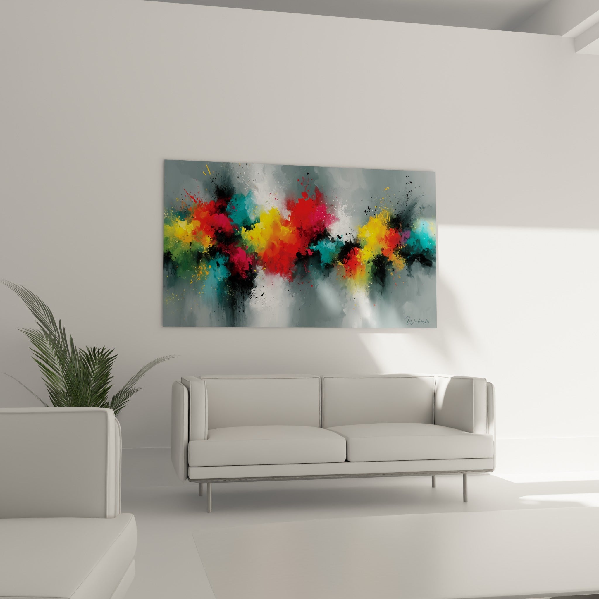 Touches turquoise et fuchsia de cette peinture abstraite disposée au-dessus d'un canapé dans un salon lumineux