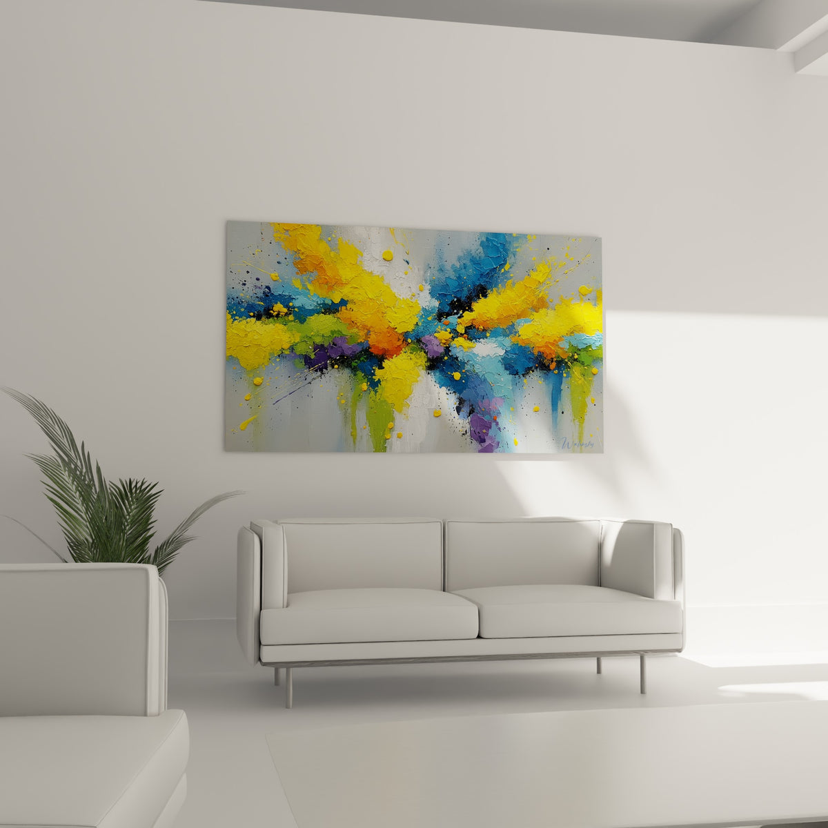 Touches vives d'orange et de vert olive, tableau style Peinture abstrait au-dessus d'un canapé dans un salon lumineux