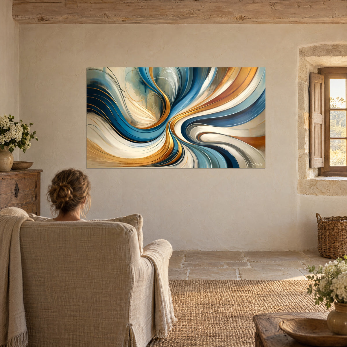 Wall art swirl of brushstrokes in teal blue and honey, beige spirals, facing an armchair by the window