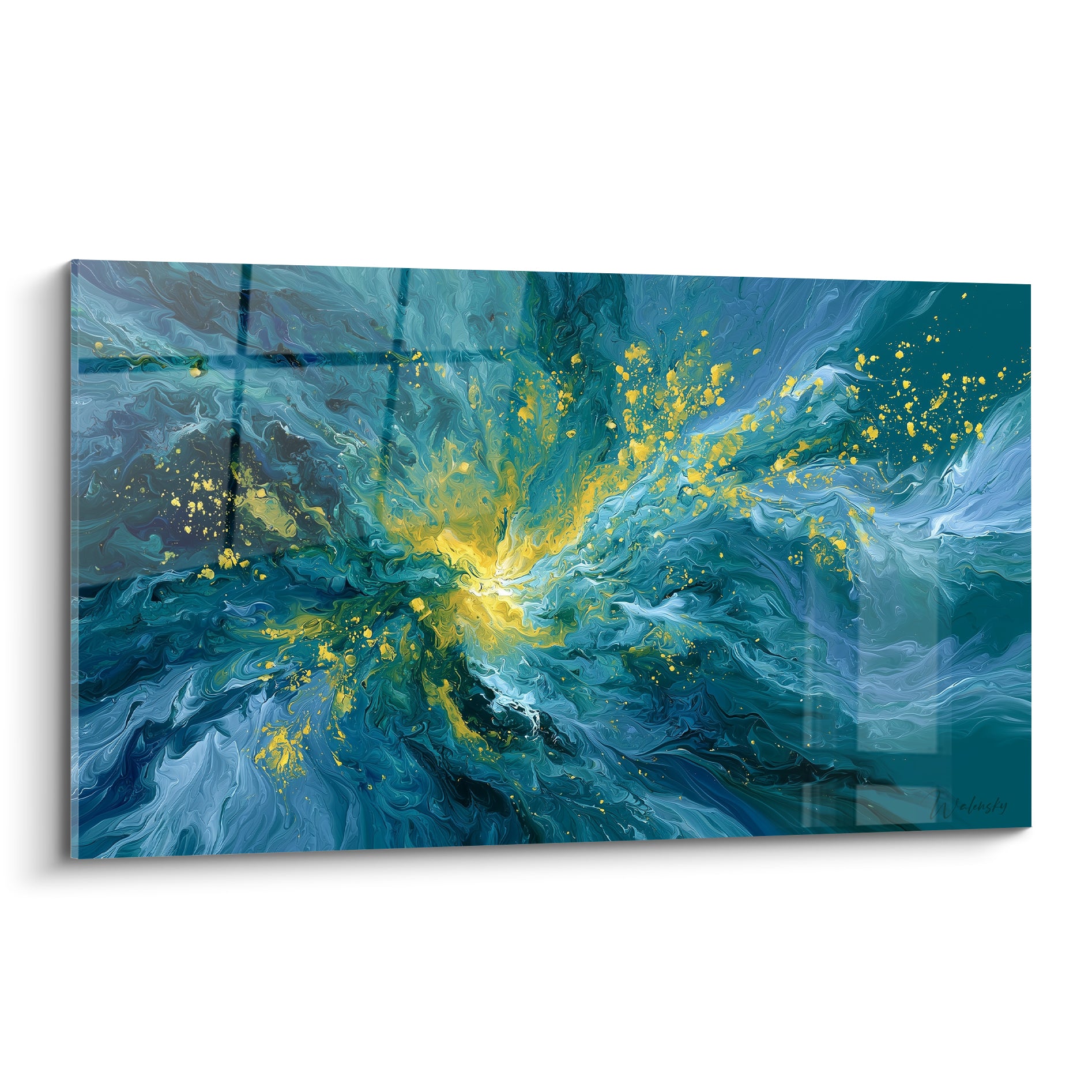 Tourbillon bleu turquoise et doré en pleine explosion, éclat jaune central et vagues fluides