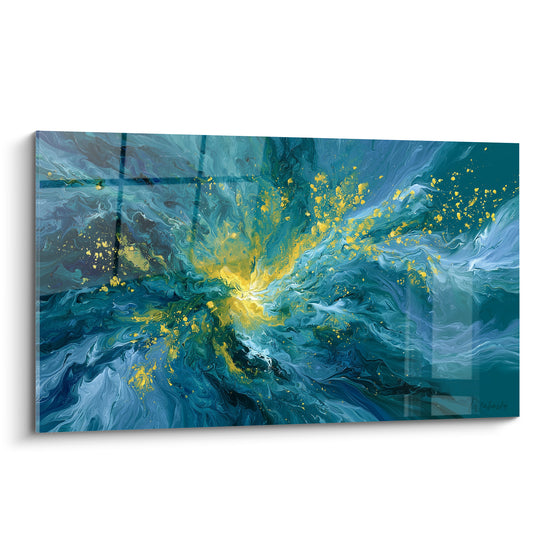 Tourbillon bleu turquoise et doré en pleine explosion, éclat jaune central et vagues fluides