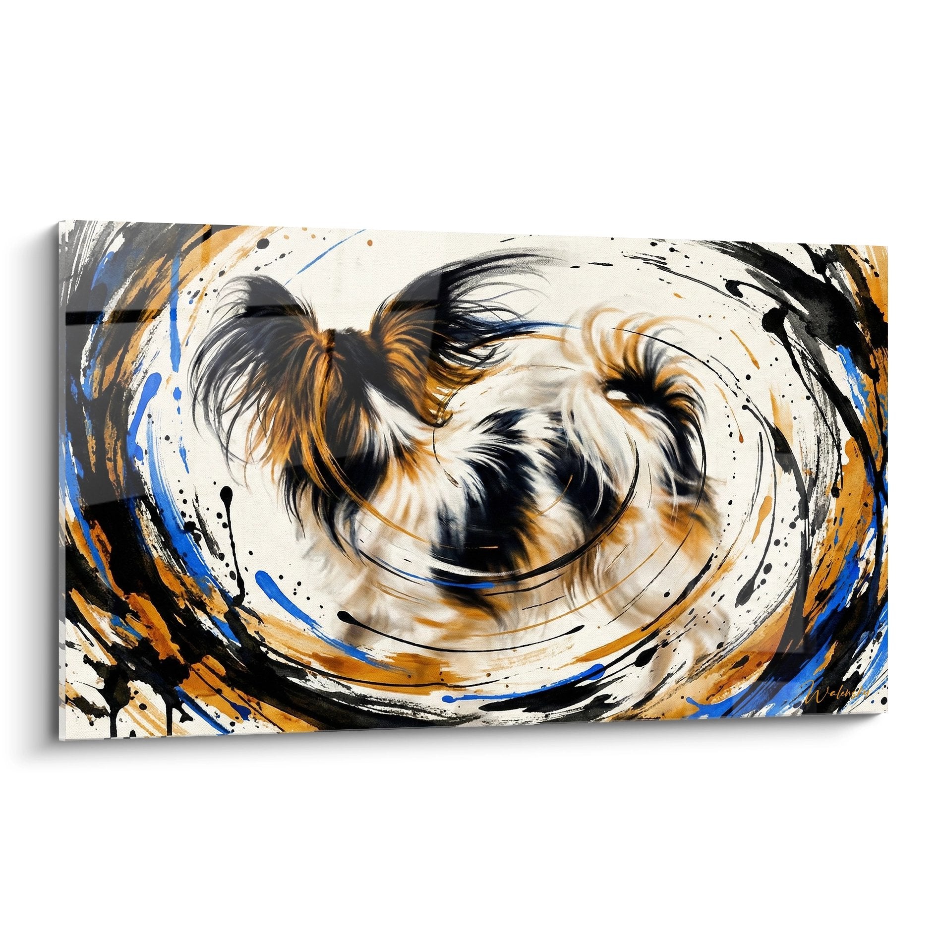tableau abstrait tourbillon orange bleu avec oreilles dressees chien papillon art moderne dynamique