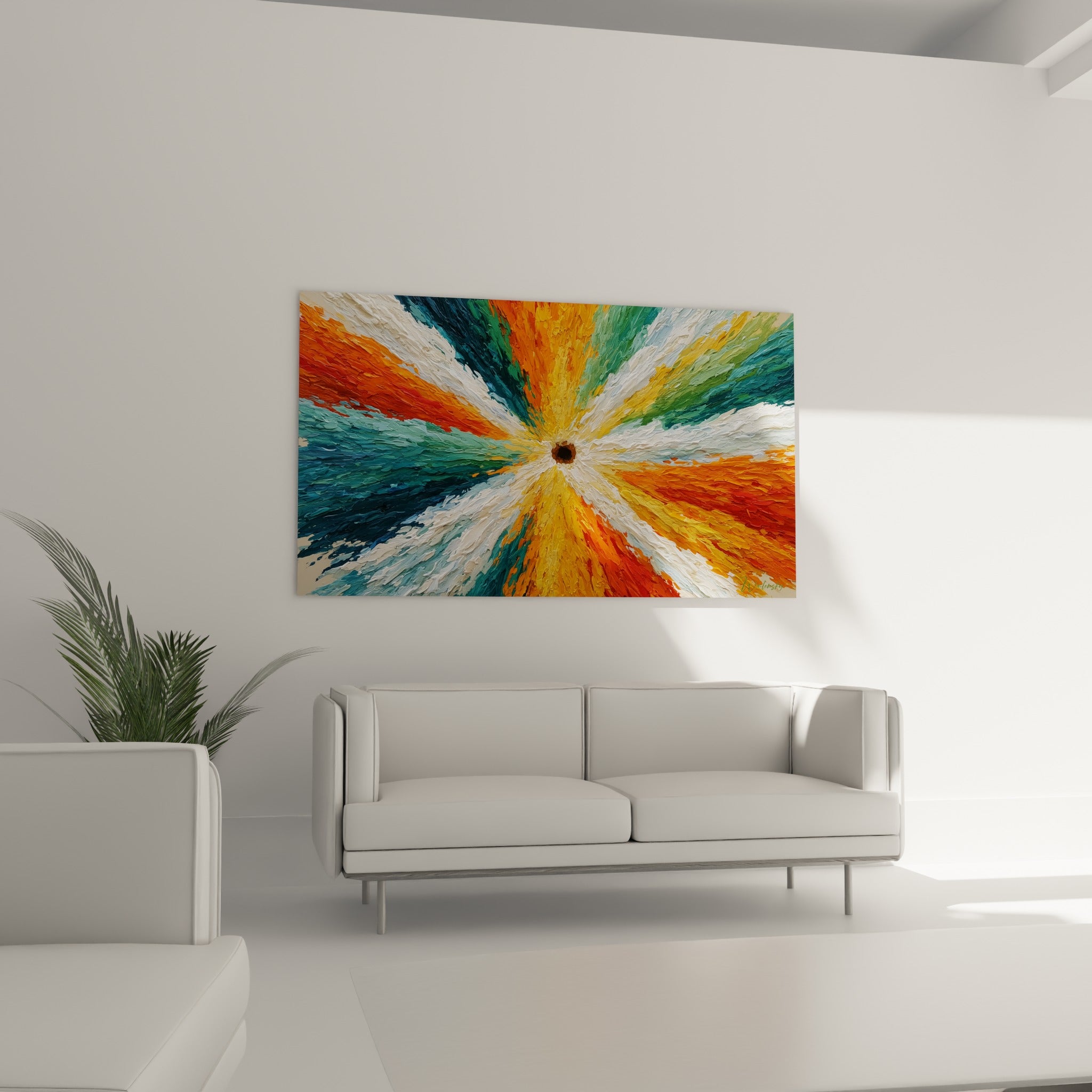 Composition tourbillonnante orange, verte et blanche aux reliefs marqués, suspendue au-dessus d'un canapé dans un salon lumineux