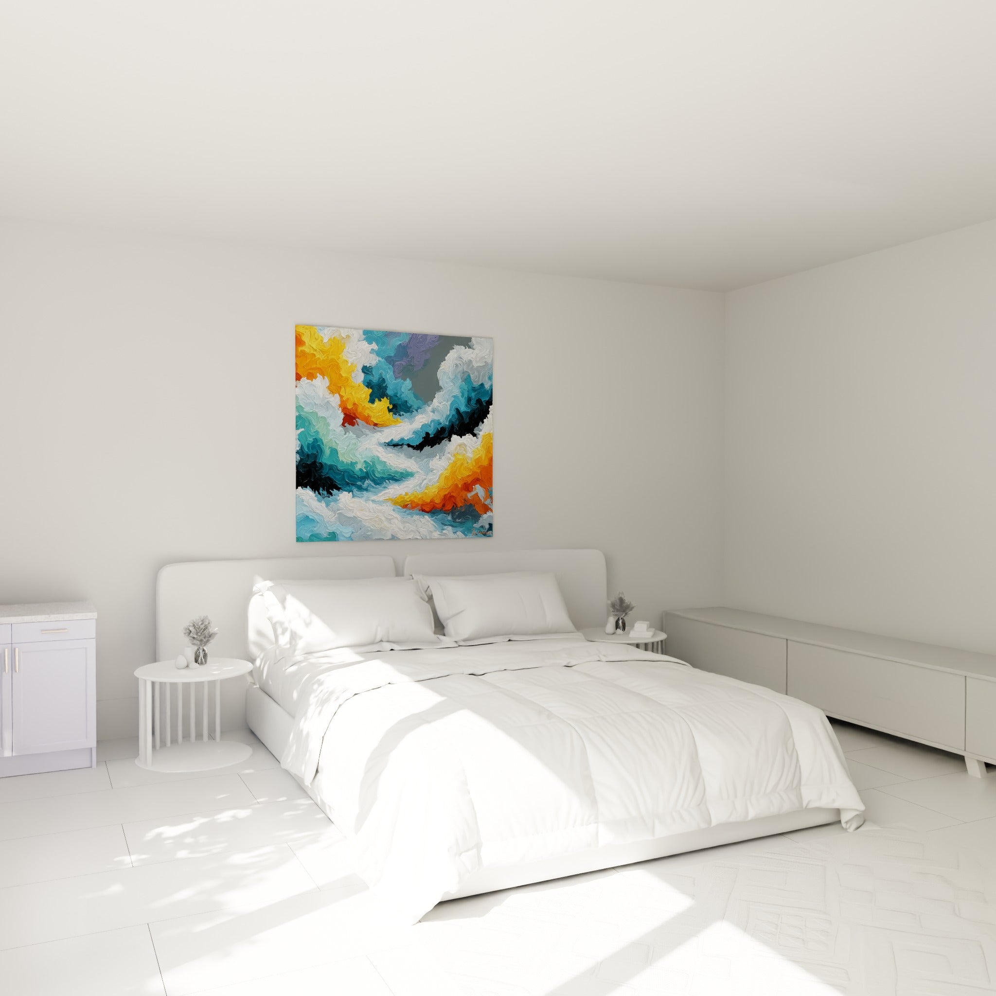 Tourbillons orange et bleu turquoise abstraits accrochés au-dessus d'un lit dans une chambre claire