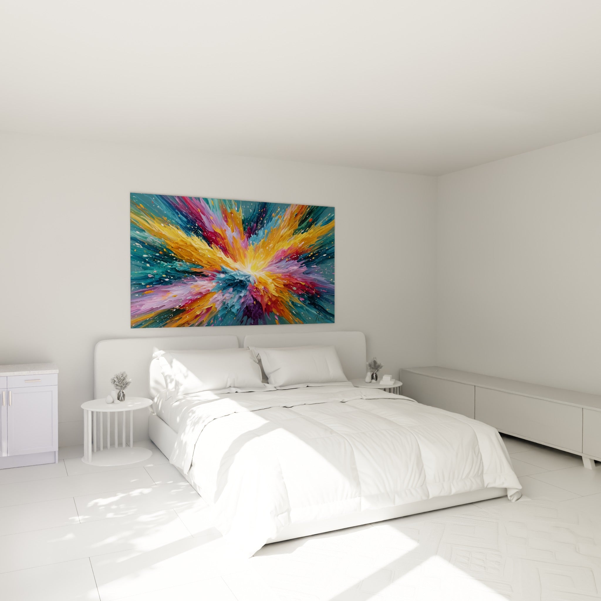 Tourbillon magenta et bleu sarcelle style Peinture abstrait au-dessus d'un lit dans une chambre claire