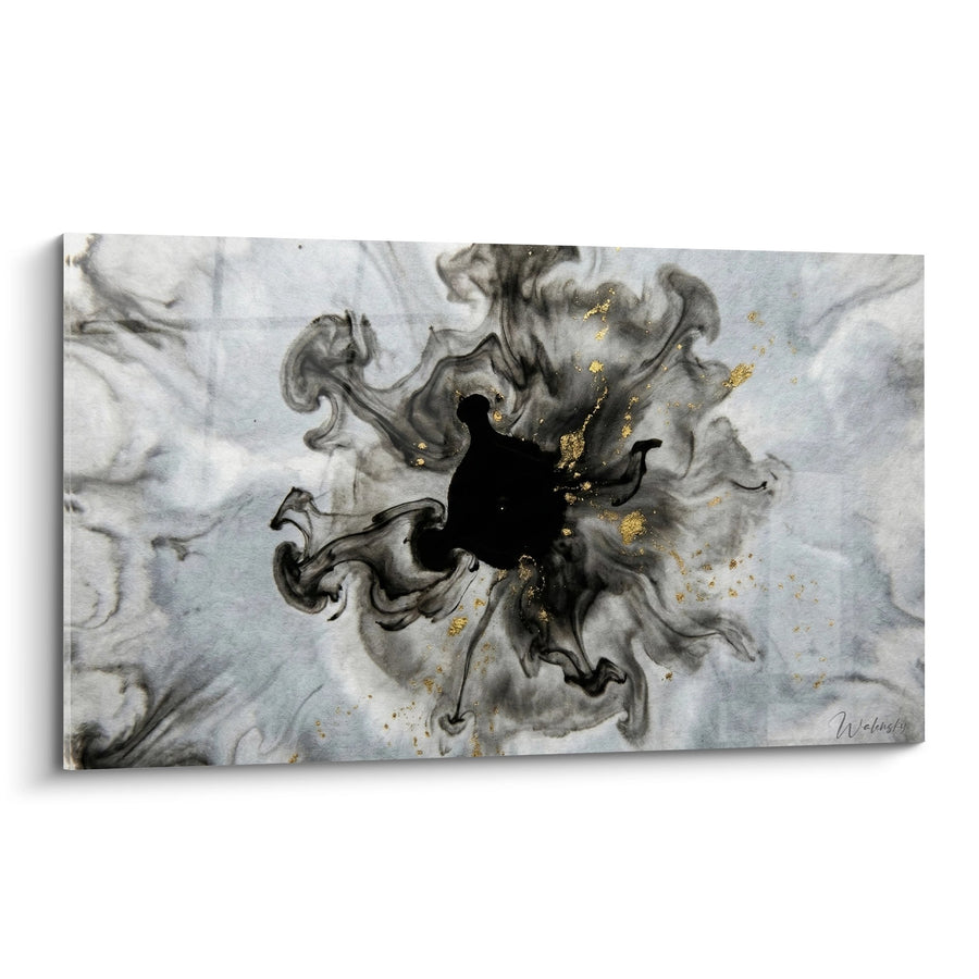 Tableau Abstrait Tourbillon Noir et Gris aux Touches Dorées - Tempête Céleste - Edition Japandi