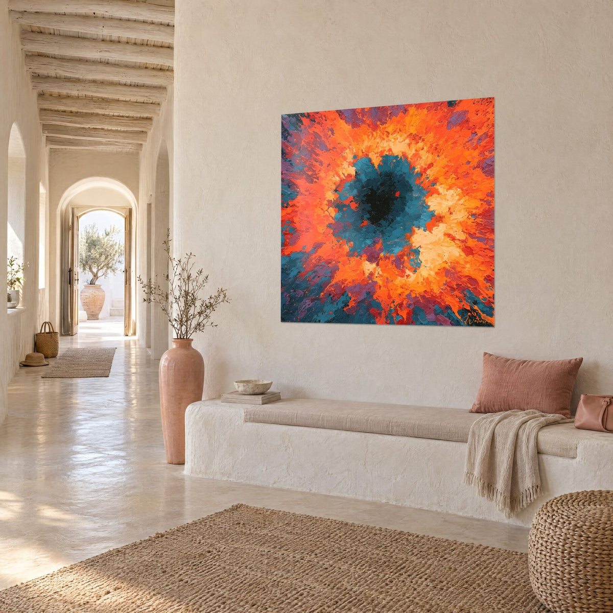 Wall art explosion of thick orange and purple paint around a teal eye, vaulted hallway with cream walls, three-quarter view