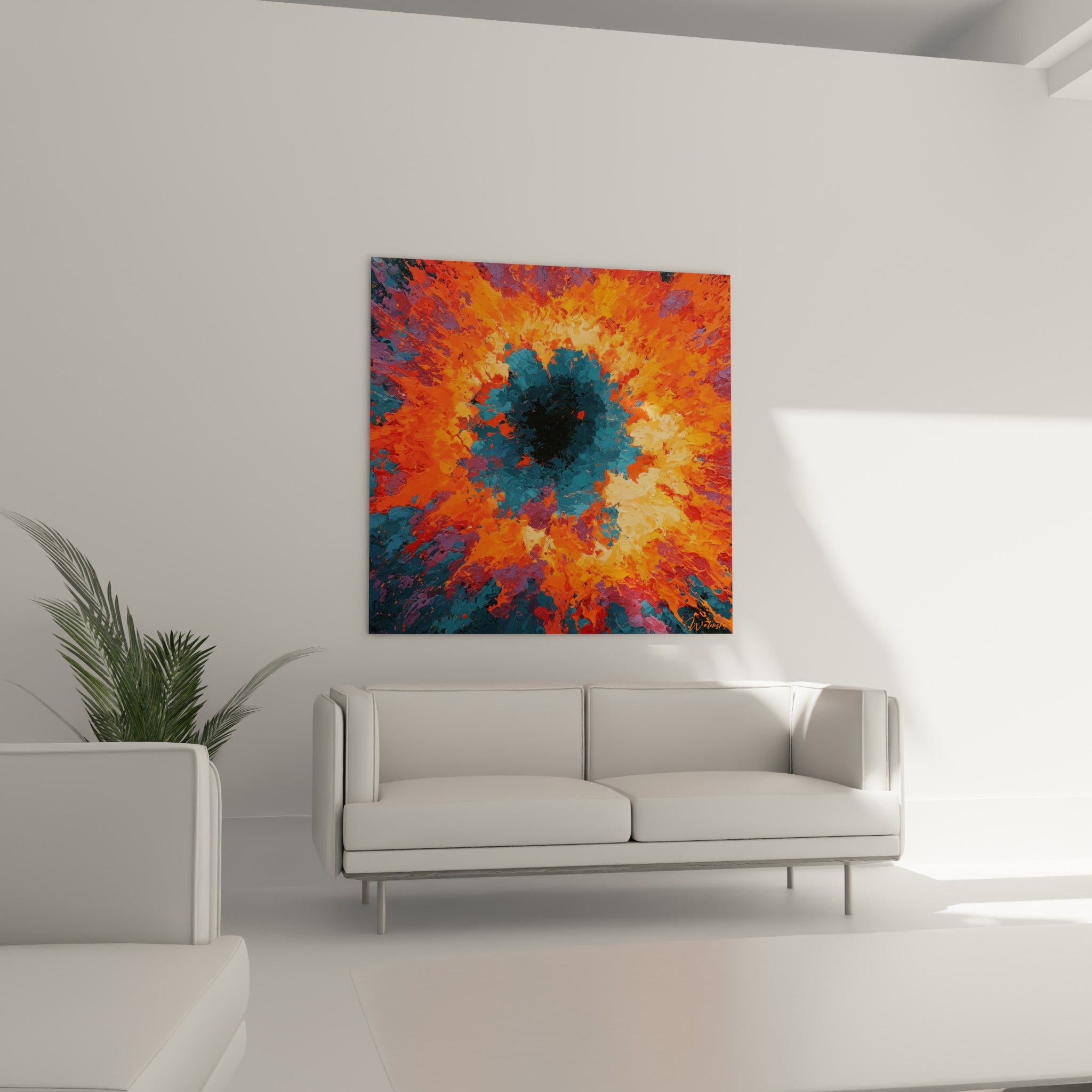 Tourbillon pictural aux tons ocre et anthracite au-dessus d'un canapé dans un salon lumineux