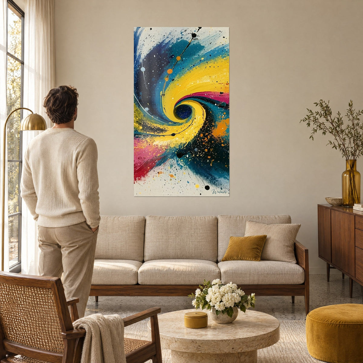 Quadro con spirale cosmica giallo limone su sfondo blu notte, schizzi rosa, uomo di spalle, sopra un divano in un soggiorno luminoso